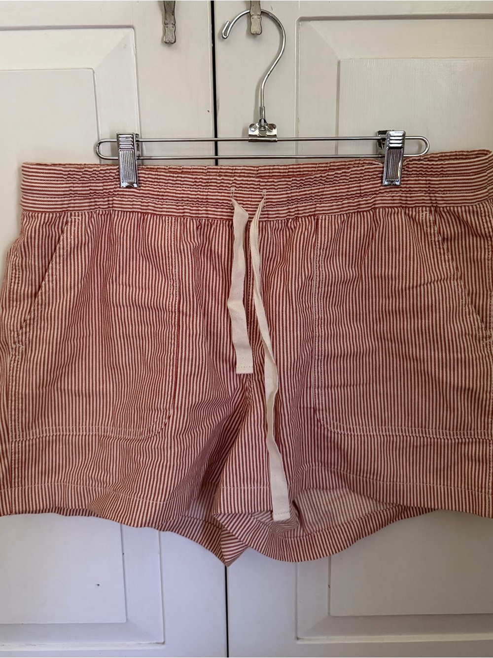 J. CREW Striped Drawstring Cotton Shorts — Orange/White